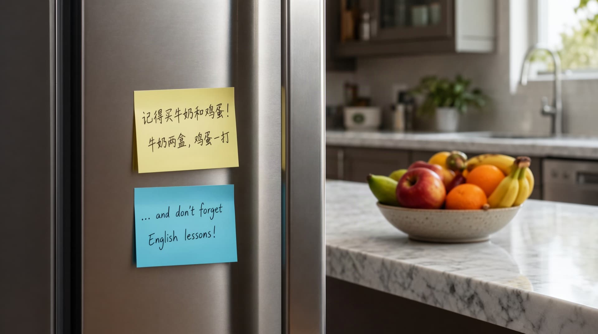 MOSS Image example with Chinese and English handwritten notes on a refrigerator