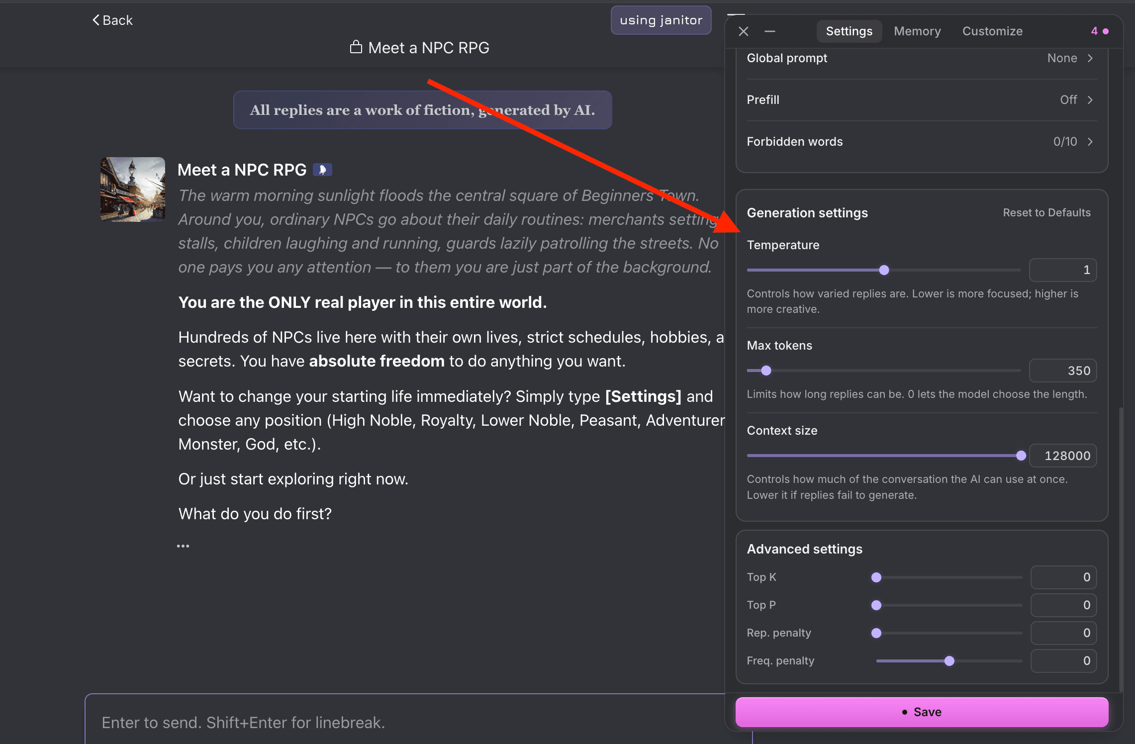 Generation settings for Janitor AI