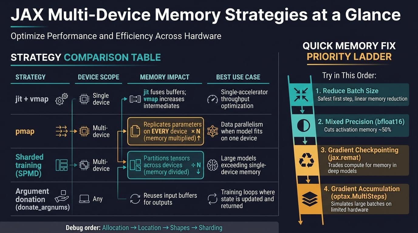 JAX Memory Management: Sharding vs. Replication & Key Fixes