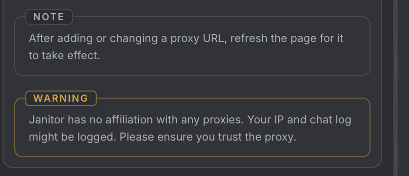 The yellow WARNING panel in Janitor's settings sidebar