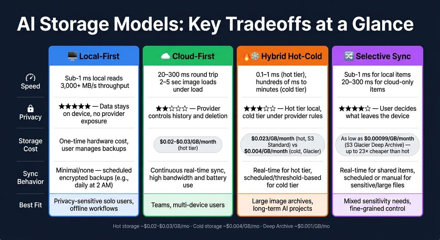 AI Storage Models Compared: Speed, Privacy, Cost & Sync