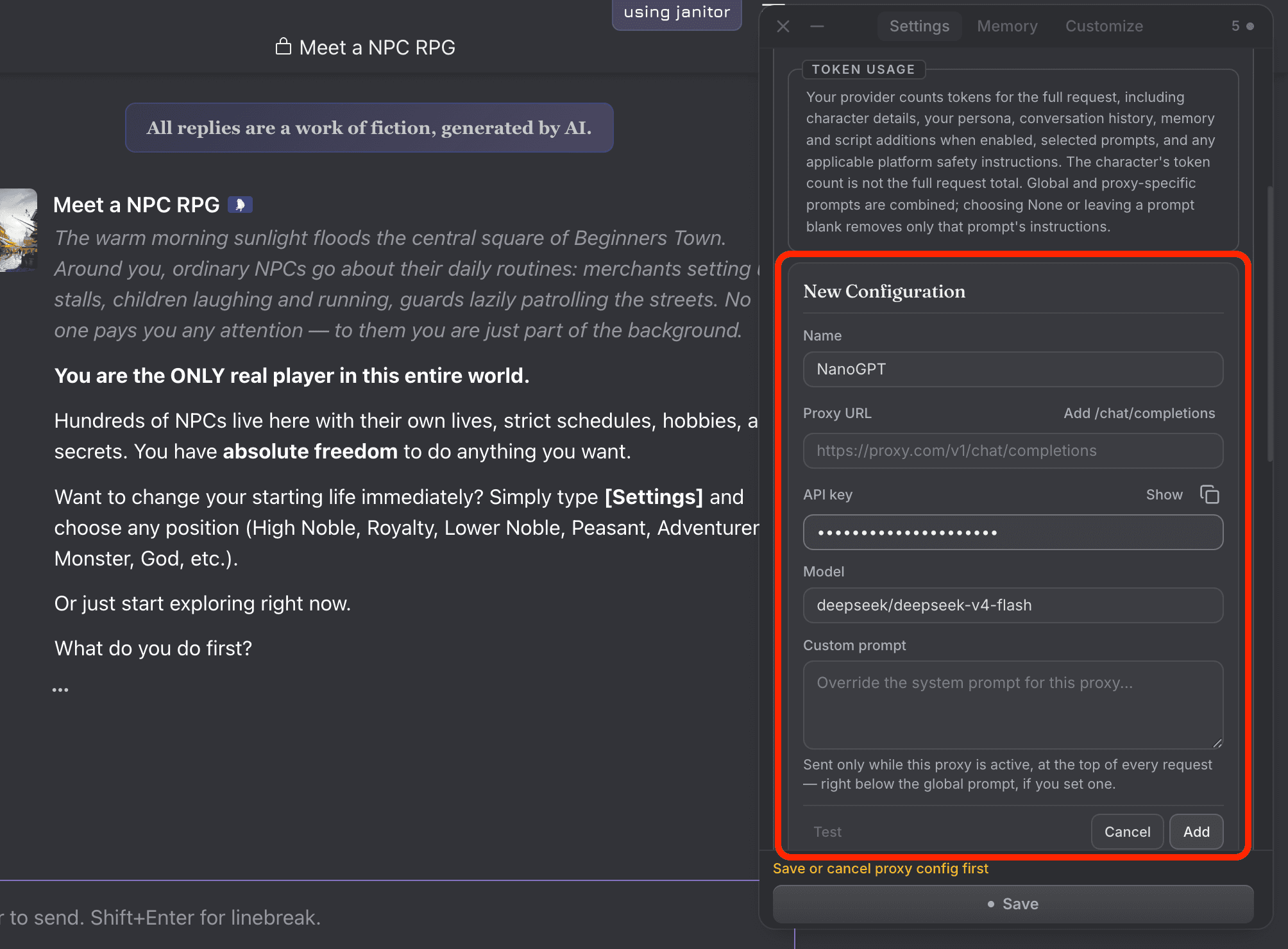 Janitor AI proxy setup modal