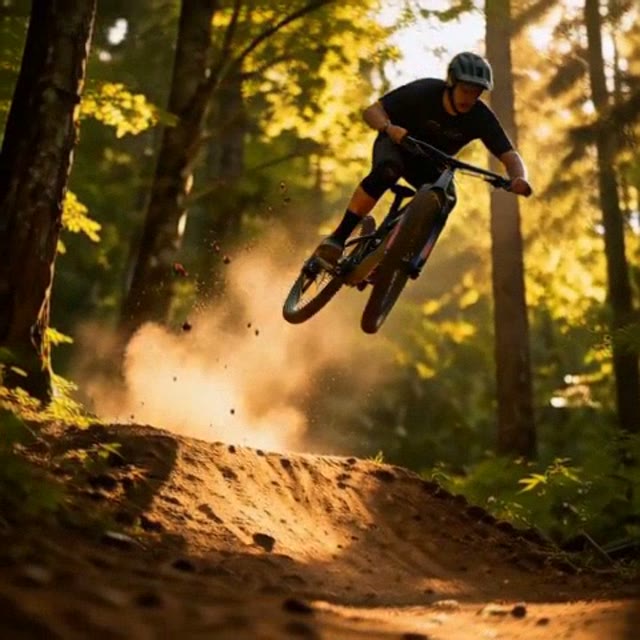 Camera orbit around a mountain biker jumping on a forest trail