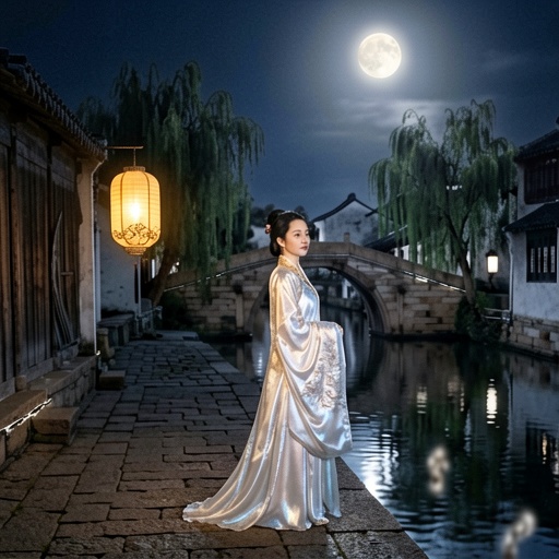 Jiangnan water town illustration under moonlight