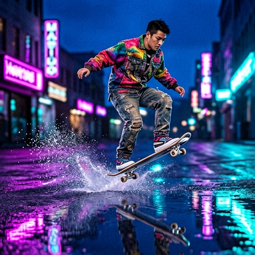 Street-style skater jump with neon reflections at blue hour